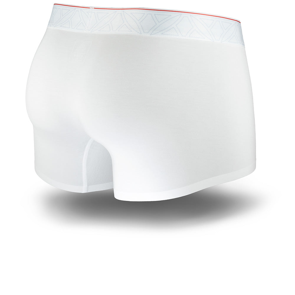 White boxer briefs with a red waistband on a white background