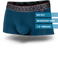 Blue boxer briefs with text detailing features on a white background