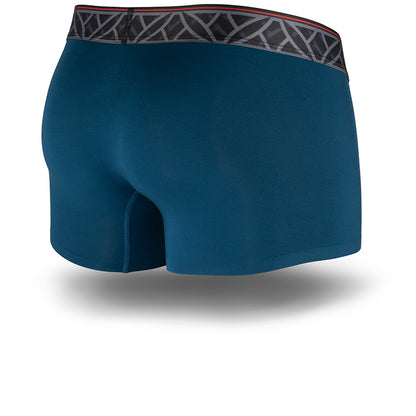 Blue athletic shorts with a patterned waistband on a white background