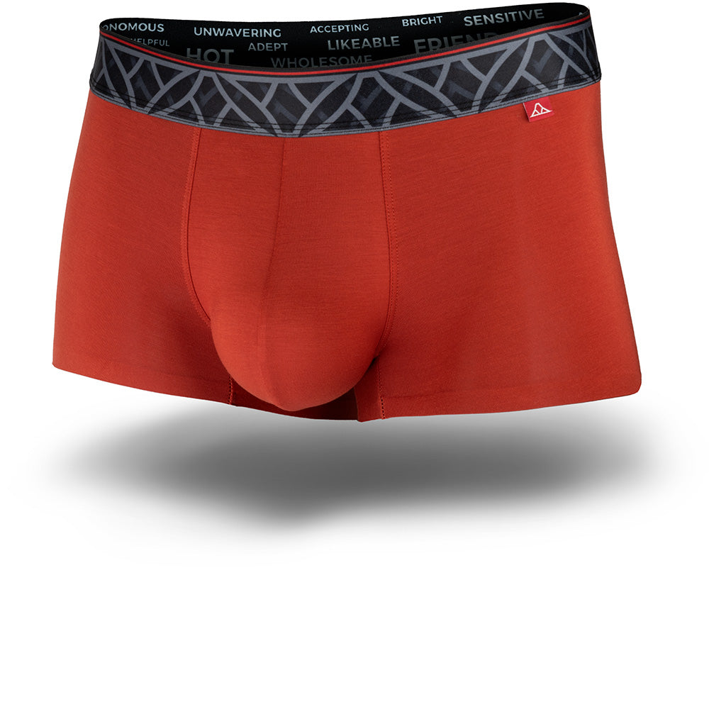 Red boxer briefs with a black and gray waistband on a white background