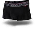 Black boxer briefs with a patterned waistband on a white background