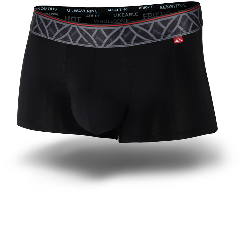 Black boxer briefs with a patterned waistband on a white background