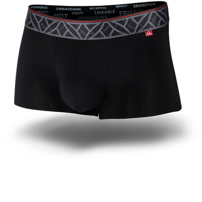 Black boxer briefs with a patterned waistband on a white background
