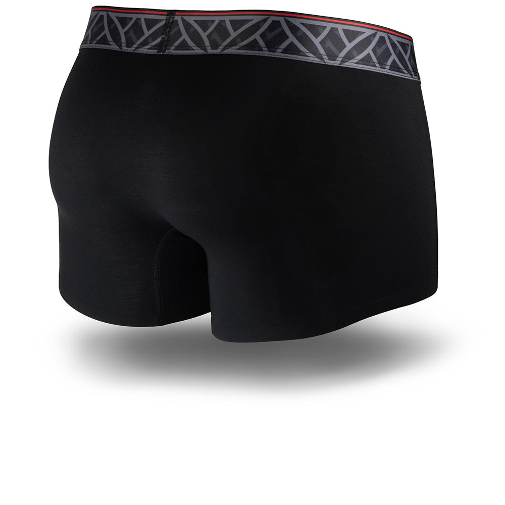Black boxer briefs with a patterned waistband on a white background