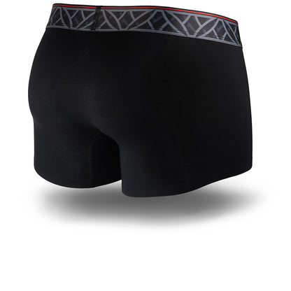 Black boxer briefs with a patterned waistband on a white background