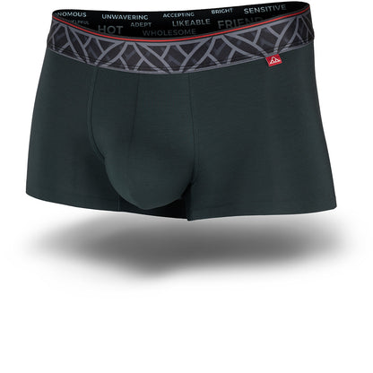 Black boxer briefs with a patterned waistband on a white background