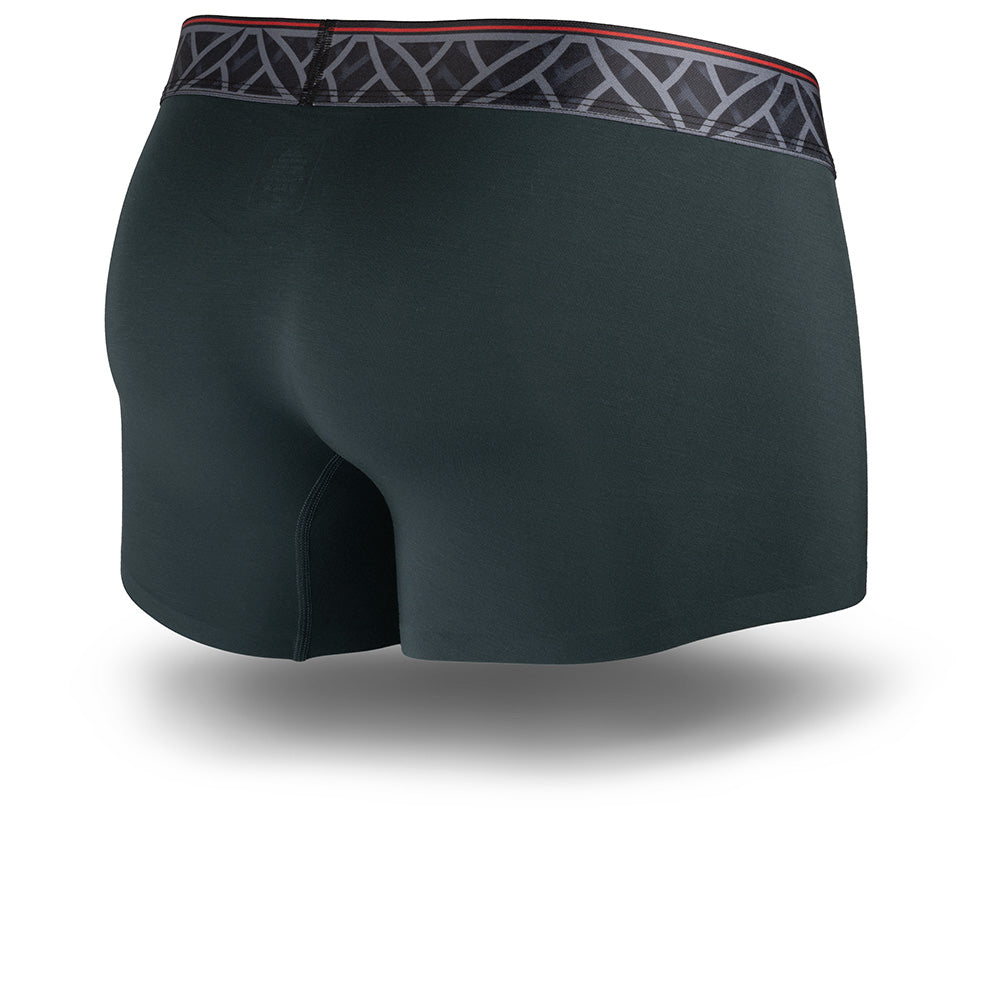 Black athletic shorts with a patterned waistband on a white background