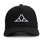 Black cap with a white triangle logo on a white background