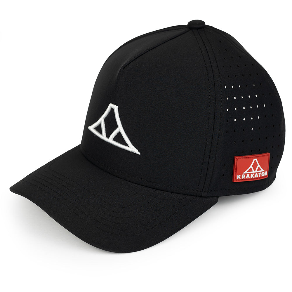 Black cap with white triangle logo and red label on a white background