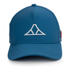 Blue cap with a white logo on a white background