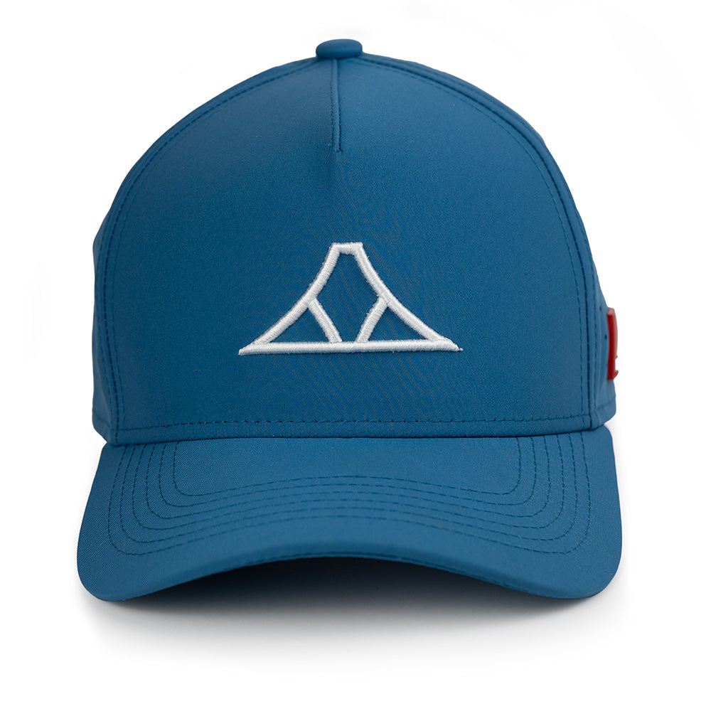 Blue cap with a white logo on a white background