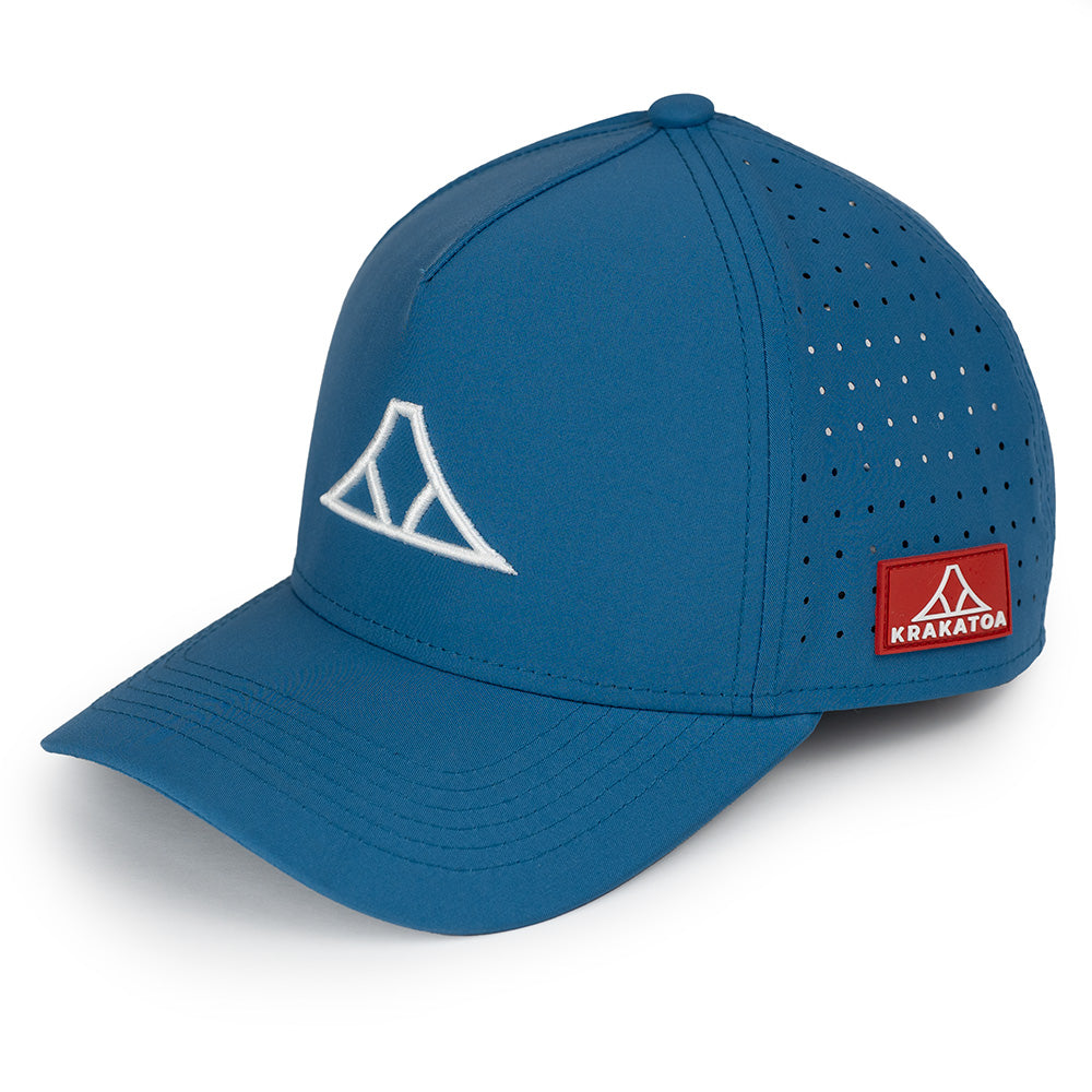 Blue cap with white logo and red label on a white background
