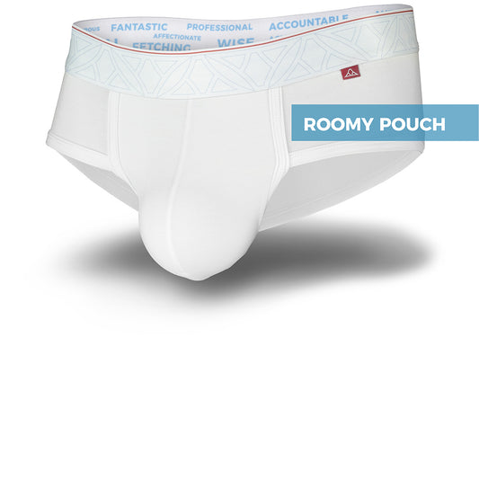 White men's briefs featuring a contoured Pouch for support without a fly, a white patterned waistband. Front Image.