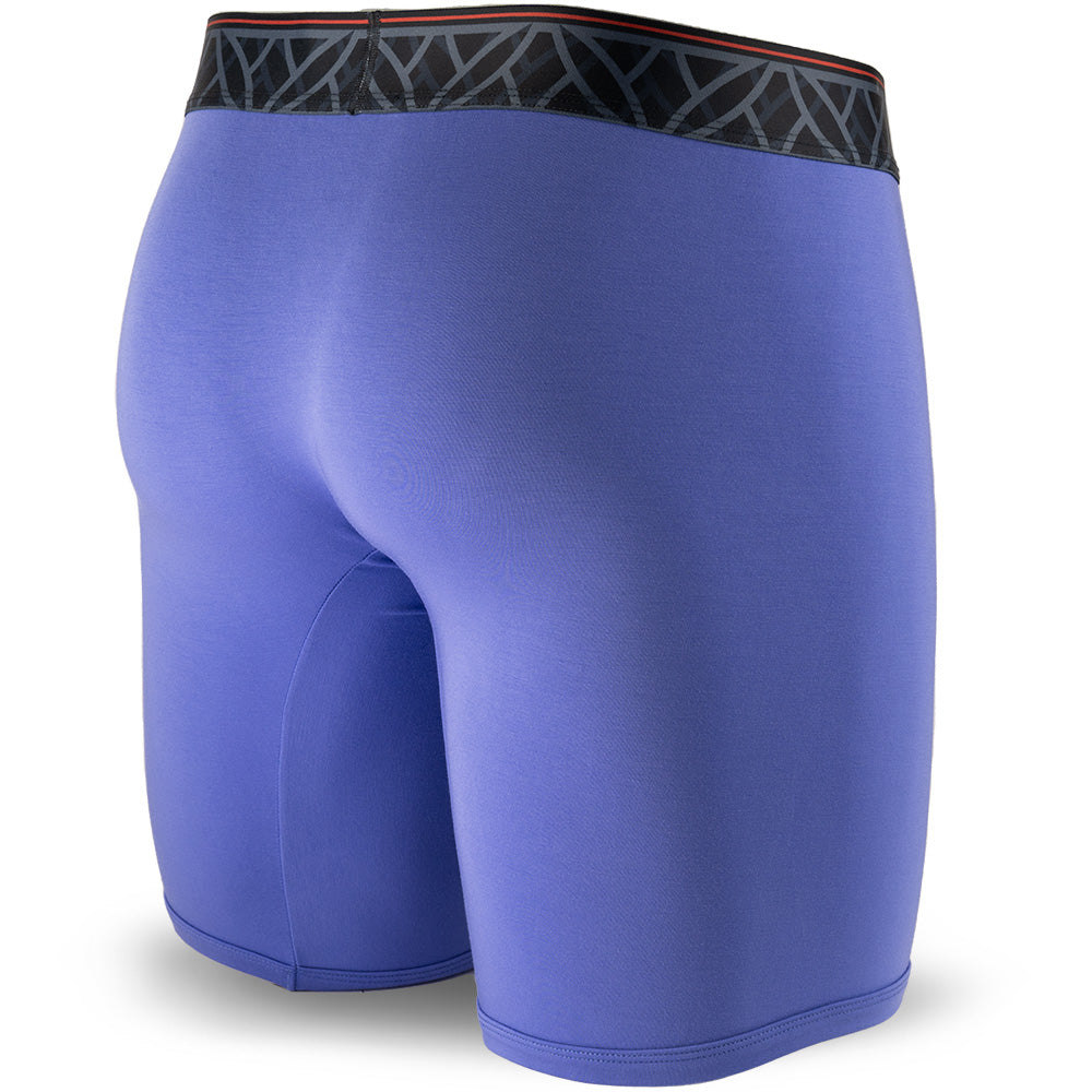 Purple men's boxer briefs featuring a contoured Pouch for support without a fly, a grey patterned waistband, and a 7" inseam. Back Image.