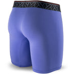 Purple men's boxer briefs featuring a contoured Pouch for support without a fly, a grey patterned waistband, and a 7" inseam. Back Image.