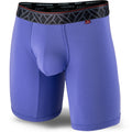 Purple men's boxer briefs featuring a contoured Pouch for support without a fly, a grey patterned waistband, and a 7" inseam. Front Image.