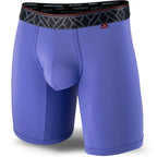 Purple men's boxer briefs featuring a contoured Pouch for support without a fly, a grey patterned waistband, and a 7" inseam. Front Image.