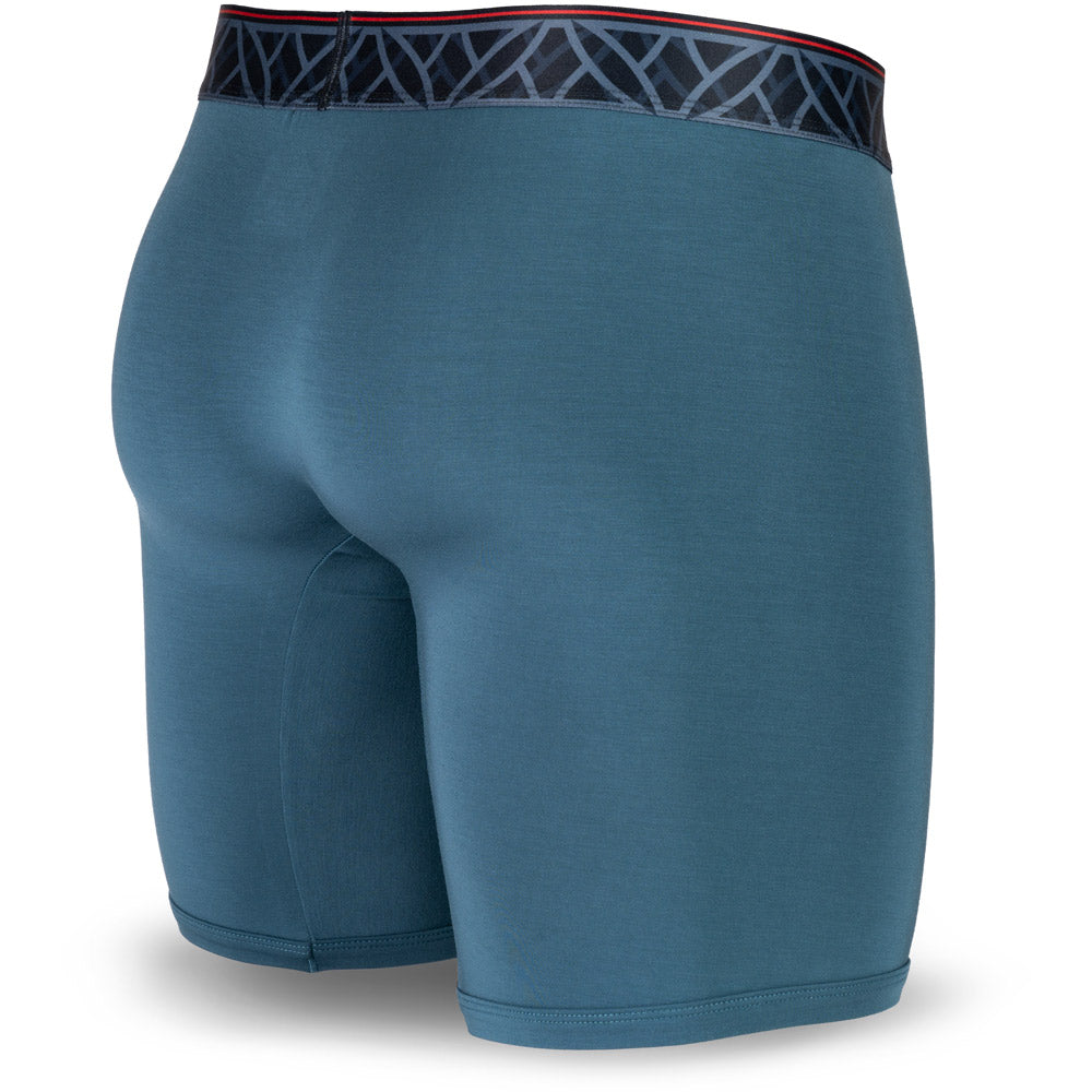 Imperial Blue men's boxer briefs featuring a contoured Pouch for support without a fly, a grey patterned waistband, and a 7" inseam. Back Image.