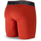 Red men's boxer briefs featuring a contoured Pouch for support without a fly, a grey patterned waistband, and a 7" inseam. Back Image.