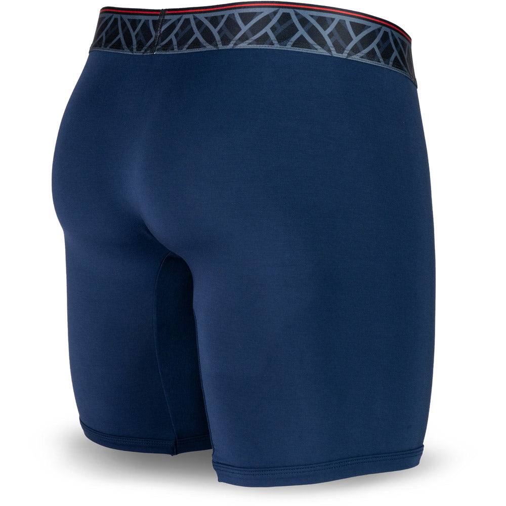 Blue men's boxer briefs featuring a contoured Pouch for support without a fly, a grey patterned waistband, and a 7" inseam. Back Image.