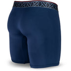 Blue men's boxer briefs featuring a contoured Pouch for support without a fly, a grey patterned waistband, and a 7" inseam. Back Image.