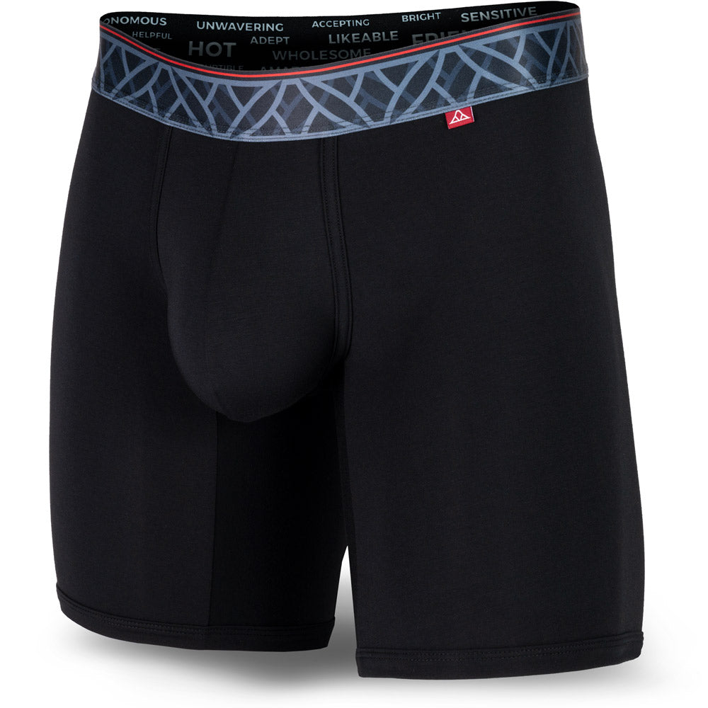 Black men's boxer briefs featuring a contoured Pouch for support without a fly, a grey patterned waistband, and a 7" inseam. Front Image.