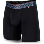 Black men's boxer briefs featuring a contoured Pouch for support without a fly, a grey patterned waistband, and a 7" inseam. Front Image.