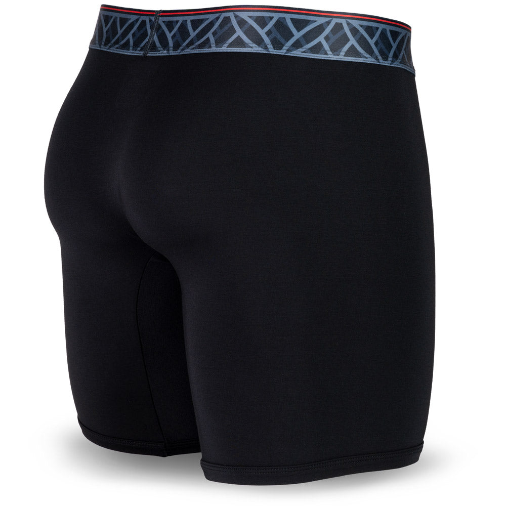Black men's boxer briefs featuring a contoured Pouch for support without a fly, a grey patterned waistband, and a 7" inseam. Back Image.