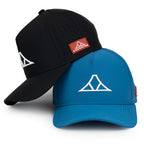 Black and blue baseball caps with a brand logo on a white background