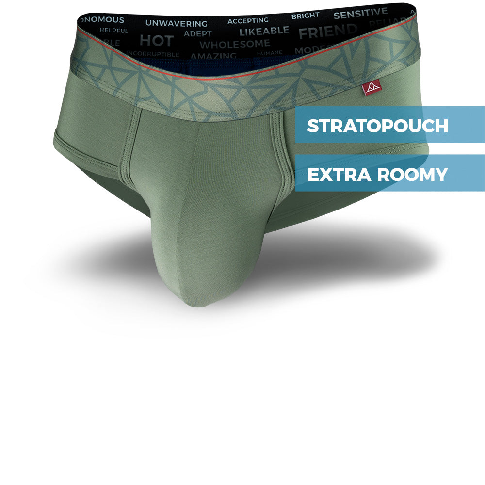 Hana Green men's briefs featuring a contoured Pouch with mesh liner for support without a fly and patterned waistband. Front Image.