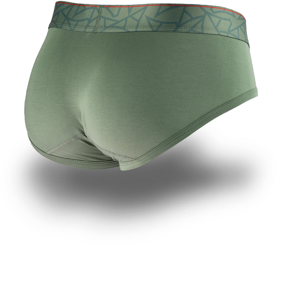 Hana Green men's briefs featuring a contoured Pouch with mesh liner for support without a fly and patterned waistband. Back Image.