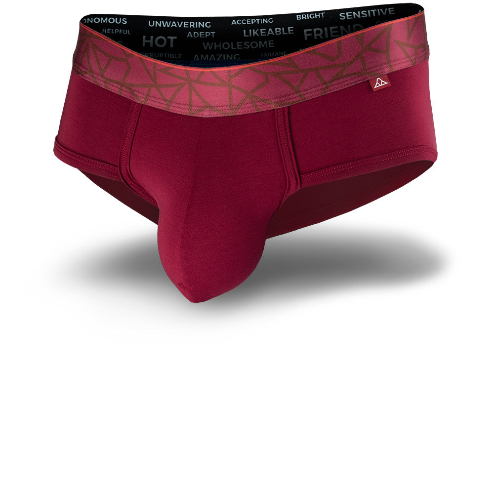 Lahaina Red men's briefs featuring a contoured Pouch with mesh liner for support without a fly and patterned waistband. Front Image.