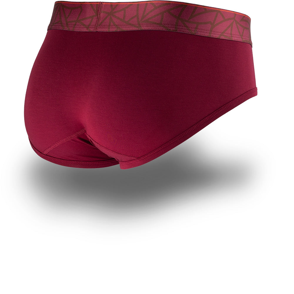 Lahaina Red men's briefs featuring a contoured Pouch with mesh liner for support without a fly and patterned waistband. Back Image.