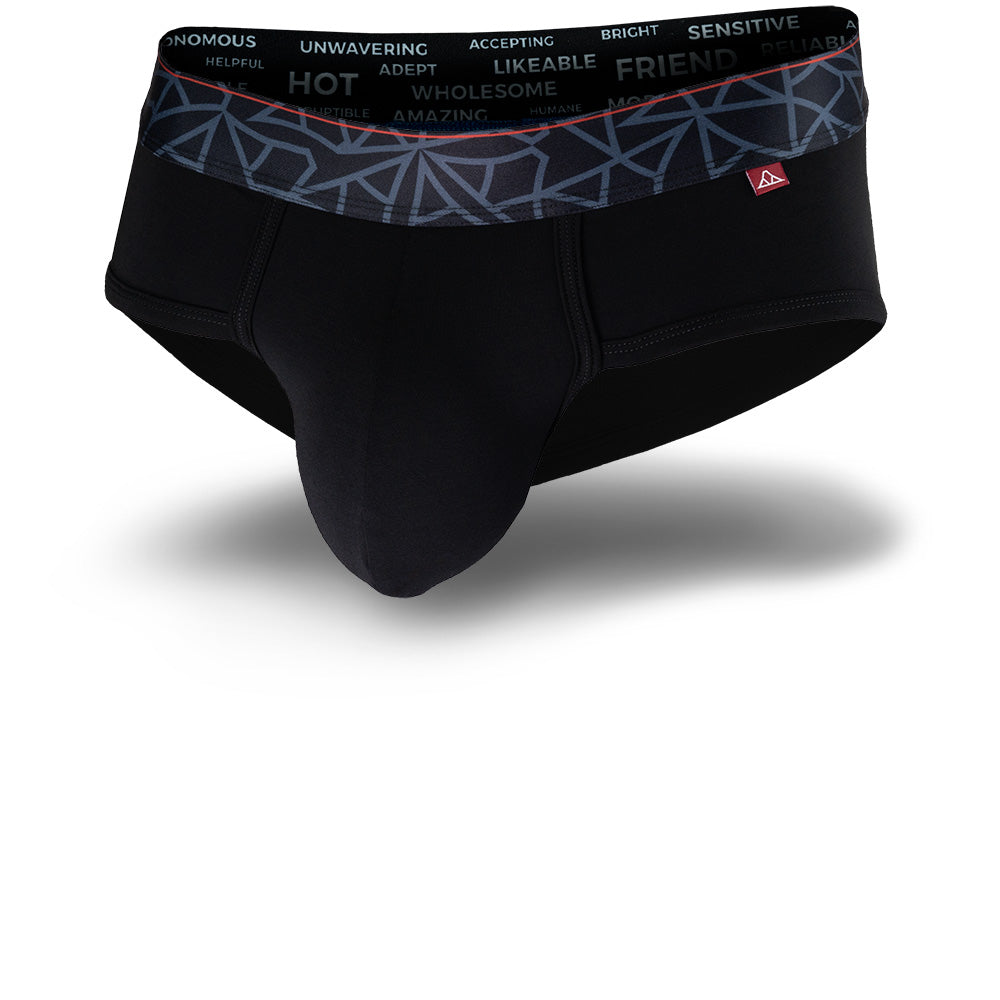 Black men's briefs featuring a contoured Pouch with mesh liner for support without a fly and patterned waistband. Front Image.