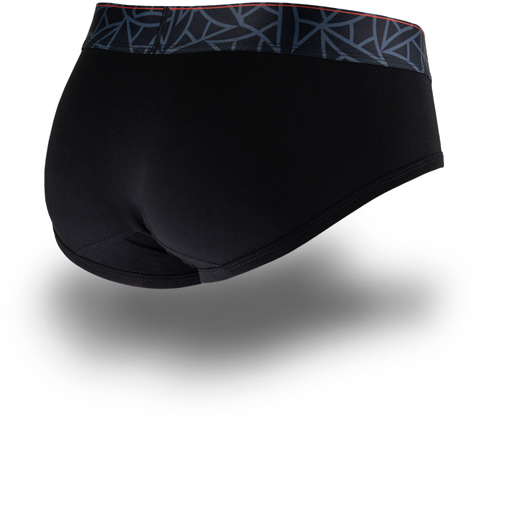 Black men's briefs featuring a contoured Pouch with mesh liner for support without a fly and patterned waistband. Back Image.