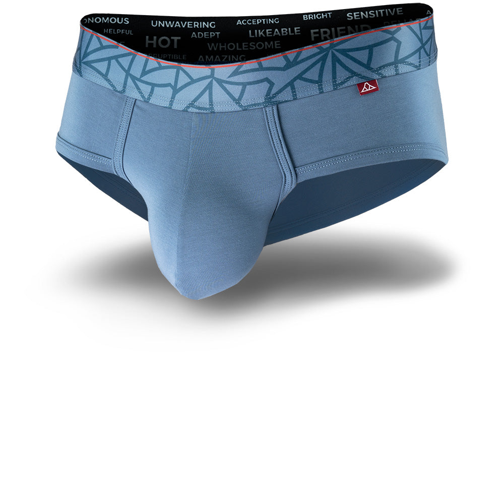 Wailea Blue men's briefs featuring a contoured Pouch with mesh liner for support without a fly and patterned waistband. Front Image.