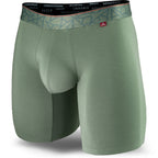 Hana Green men's boxer brief featuring a contoured Pouch with mesh liner for support without a fly, patterned waistband, seamless hems and a 7" inseam. Front Image.
