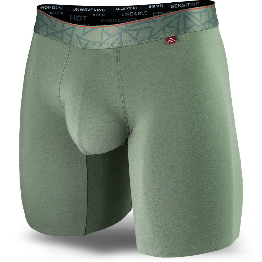 Hana Green men's boxer brief featuring a contoured Pouch with mesh liner for support without a fly, patterned waistband, seamless hems and a 7" inseam. Front Image.