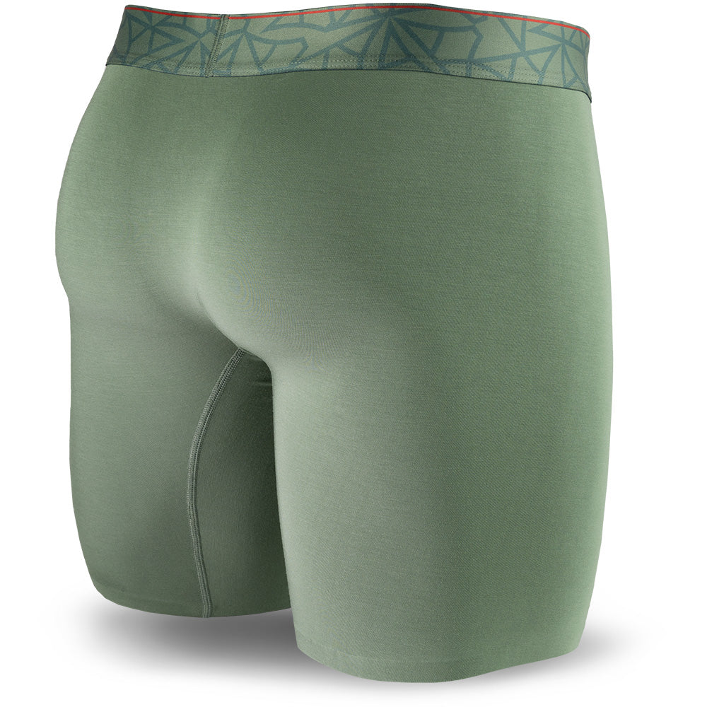 Hana Green men's boxer brief featuring a contoured Pouch with mesh liner for support without a fly, patterned waistband, seamless hems and a 7" inseam. Back Image.