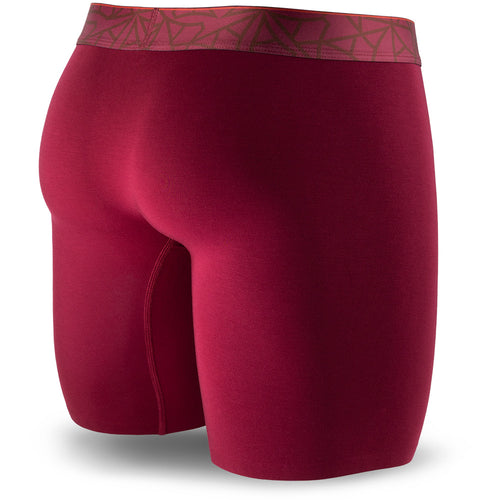 Dark Red men's boxer brief featuring a contoured Pouch with mesh liner for support without a fly, patterned waistband, seamless hems and a 7" inseam. Back Image.