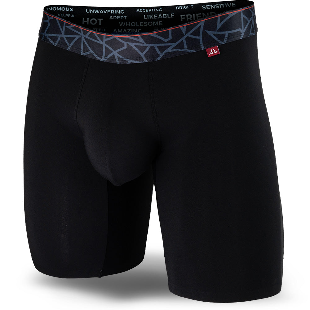 Black men's boxer brief featuring a contoured Pouch with mesh liner for support without a fly, patterned waistband, seamless hems and a 7" inseam. Front Image.