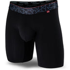 Black men's boxer brief featuring a contoured Pouch with mesh liner for support without a fly, patterned waistband, seamless hems and a 7" inseam. Front Image.