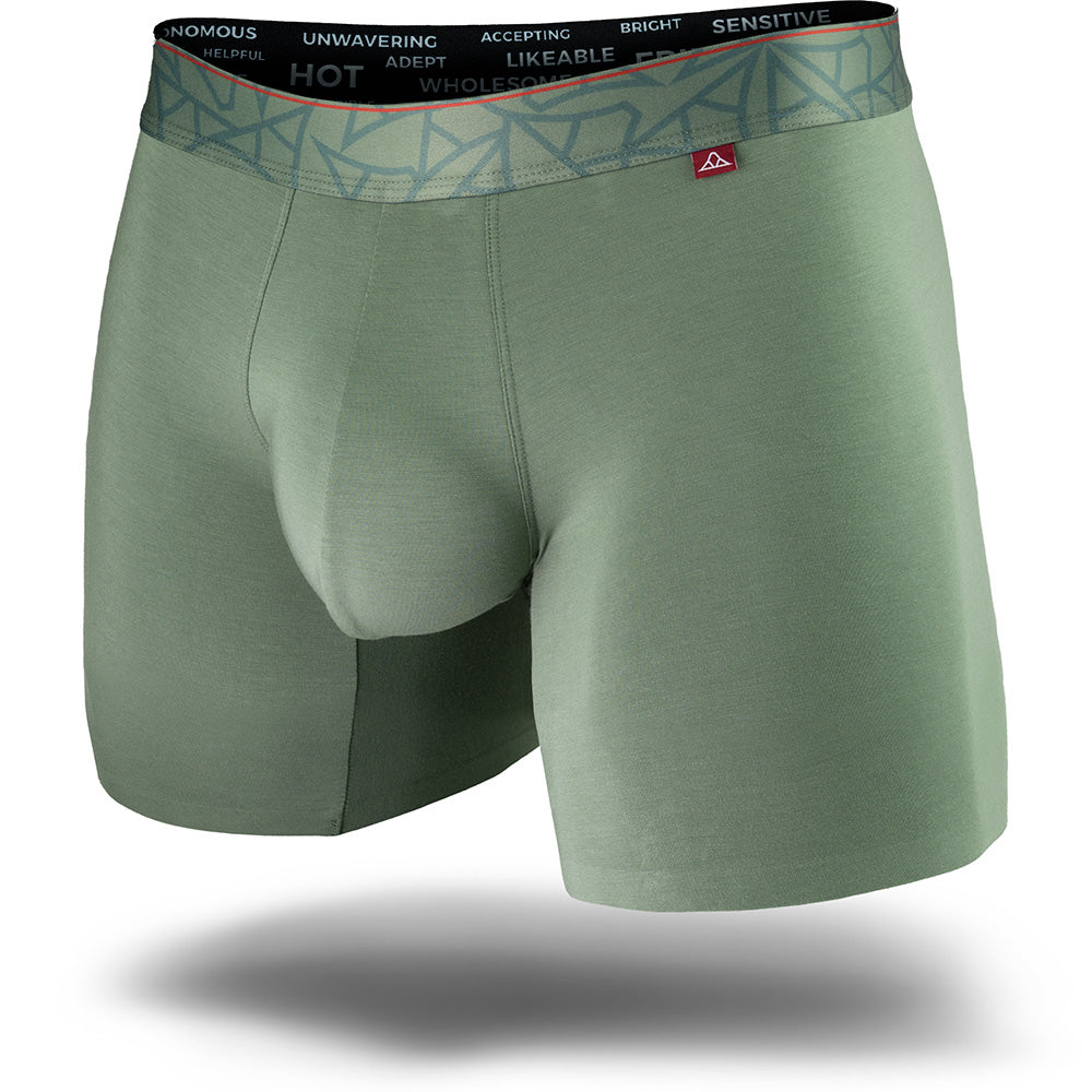 Hana Green men's boxer brief featuring a contoured Pouch with mesh liner for support without a fly, patterned waistband, seamless hems and a 5" inseam. Front Image.