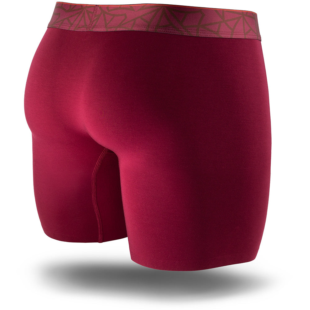 Lahaina Red men's boxer brief featuring a contoured Pouch with mesh liner for support without a fly, patterned waistband, seamless hems and a 5" inseam. Back Image.