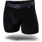 Black men's boxer brief featuring a contoured Pouch with mesh liner for support without a fly, patterned waistband, seamless hems and a 5" inseam. Front Image.
