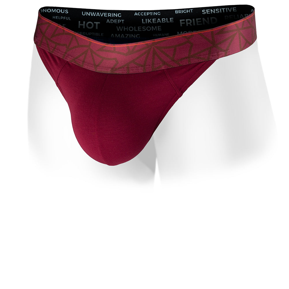 Lahaina Red Haleakala Thong with a patterned waistband on a white background. Front view.