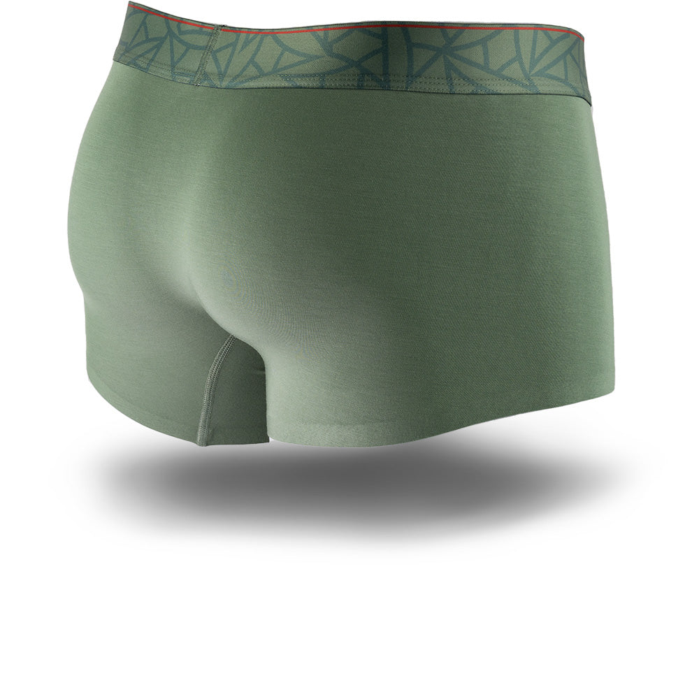Hana Green men's trunks featuring a contoured Pouch with mesh liner for support without a fly, patterned waistband, seamless hems and a 1.5" inseam. Back Image.