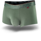 Hana Green men's trunks featuring a contoured Pouch with mesh liner for support without a fly, patterned waistband, seamless hems and a 1.5" inseam. Front Image.
