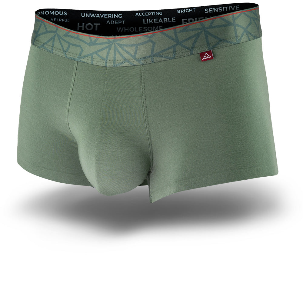 Hana Green men's trunks featuring a contoured Pouch with mesh liner for support without a fly, patterned waistband, seamless hems and a 1.5" inseam. Front Image.
