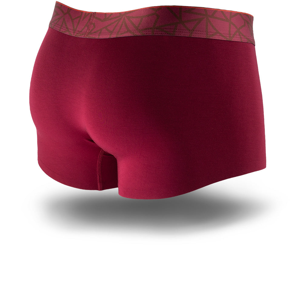 Lahaina Red men's trunks featuring a contoured Pouch with mesh liner for support without a fly, patterned waistband, seamless hems and a 1.5" inseam. Back Image.